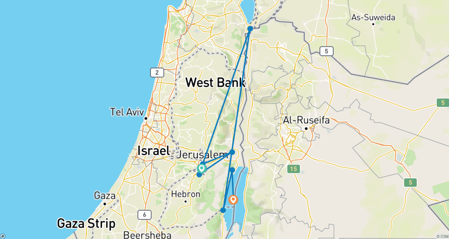 Mapa do percurso de Jerusalém, Massada, Belém e Jericó, 3 Dias