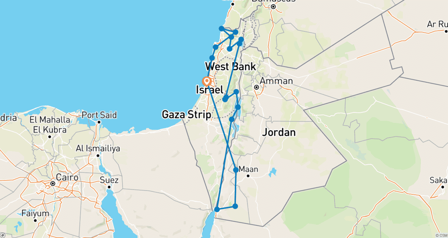 Mapa do percurso de Israel Cristão e Petra, 10 Dias