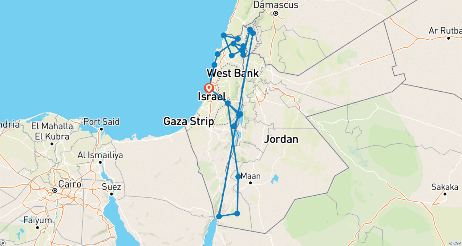 Mapa trasy: Pakiet wycieczkowy Izrael i Jordania, 12 dni