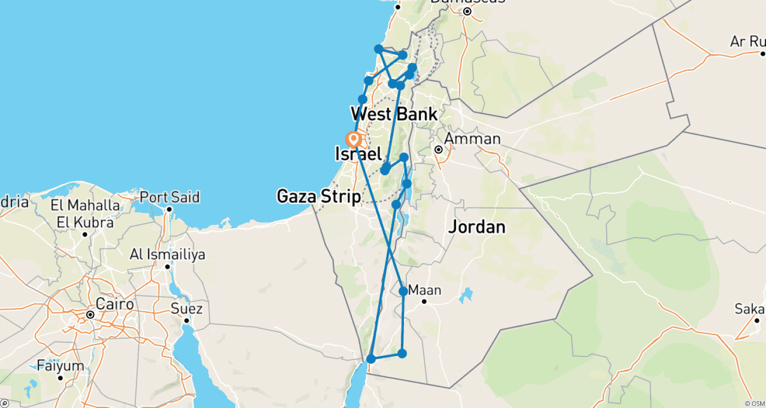 Mapa do percurso de Israel Cristão e Petra 11 Dias