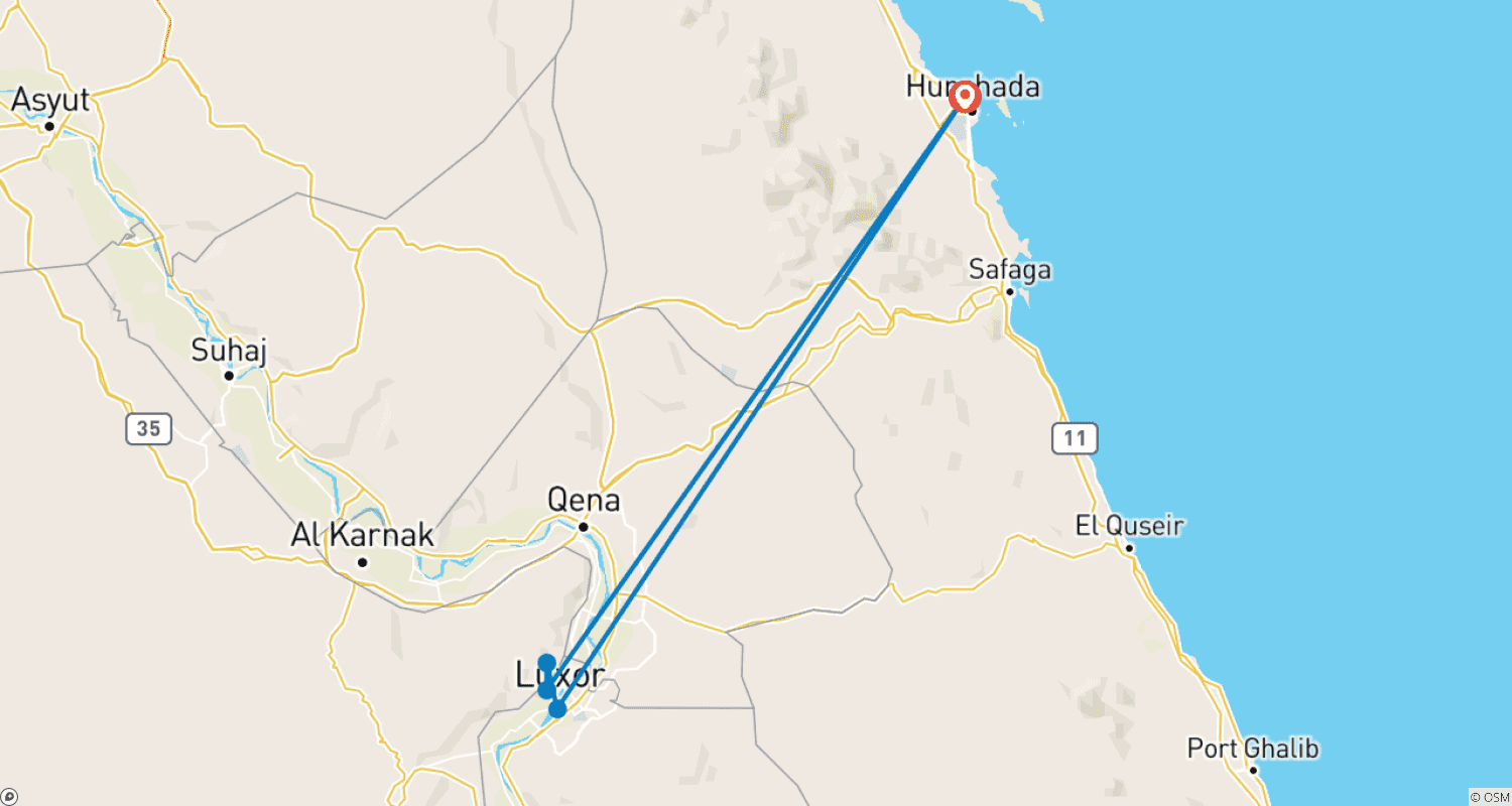 Mapa do percurso de Luxor privado com pernoite saindo de Hurghada