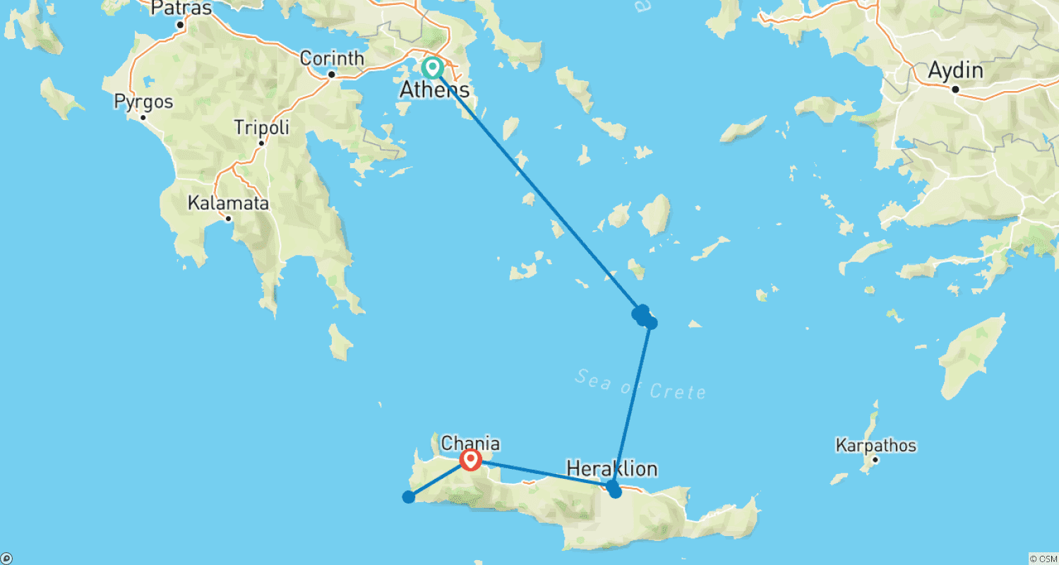 Mapa do percurso de Tour de 8 Dias por Atenas, Santorini e Creta - Padrão