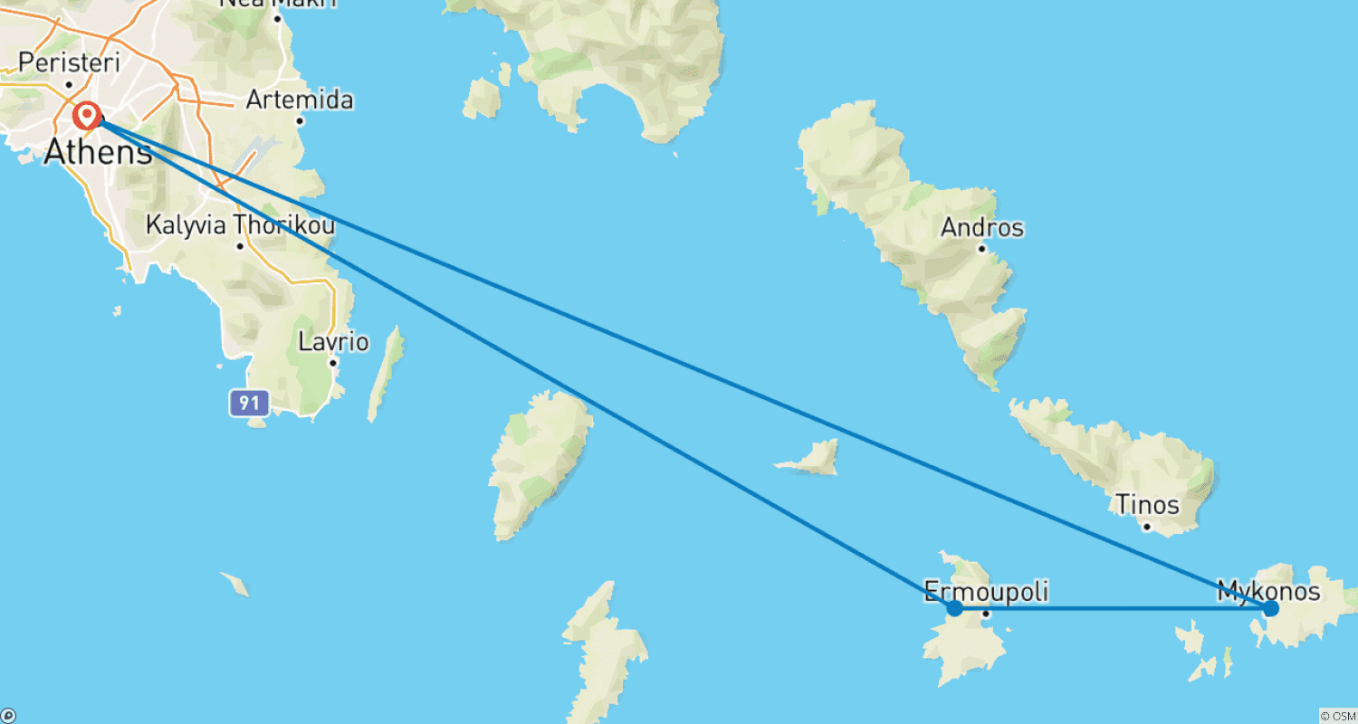 Mapa do percurso de Passeio por Atenas, Syros e Mykonos - 7 Dias - Premium