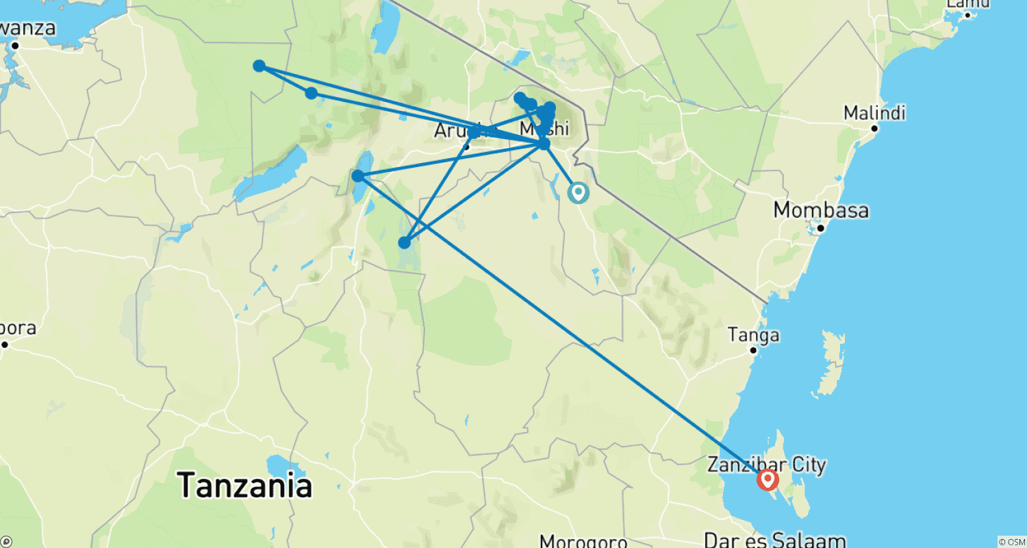 Mapa trasy: 18 Dni Odkrywania Tanzanii: Pakiety VIP