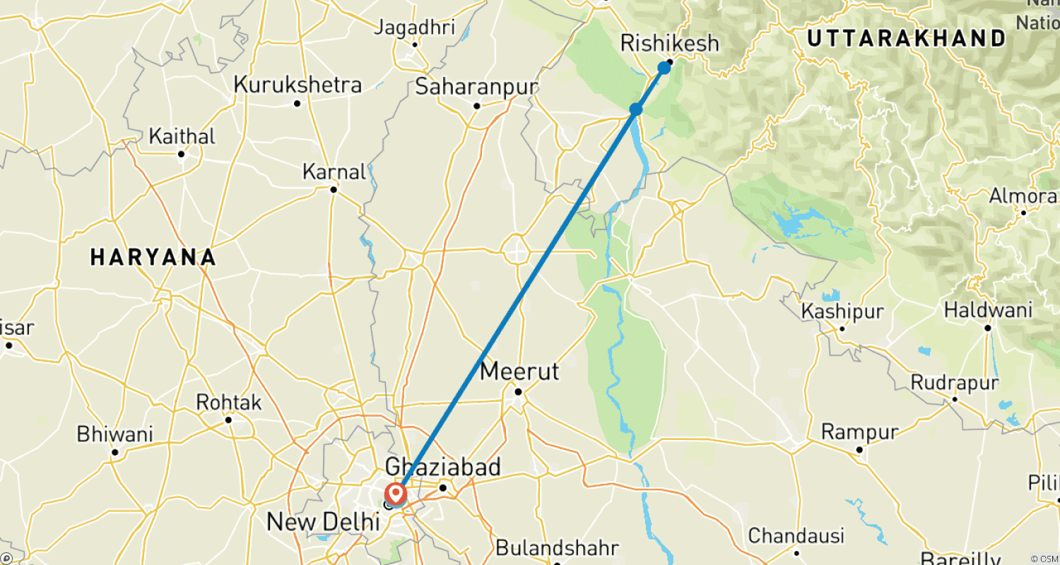 Mapa trasy: Pakiet wycieczkowy Rishikesh i Haridwar – Duchowa podróż Gangesem z Delhi