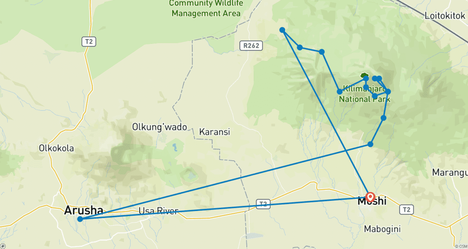 Lemosho Route (with Crater) - 8 Daysのルートマップ