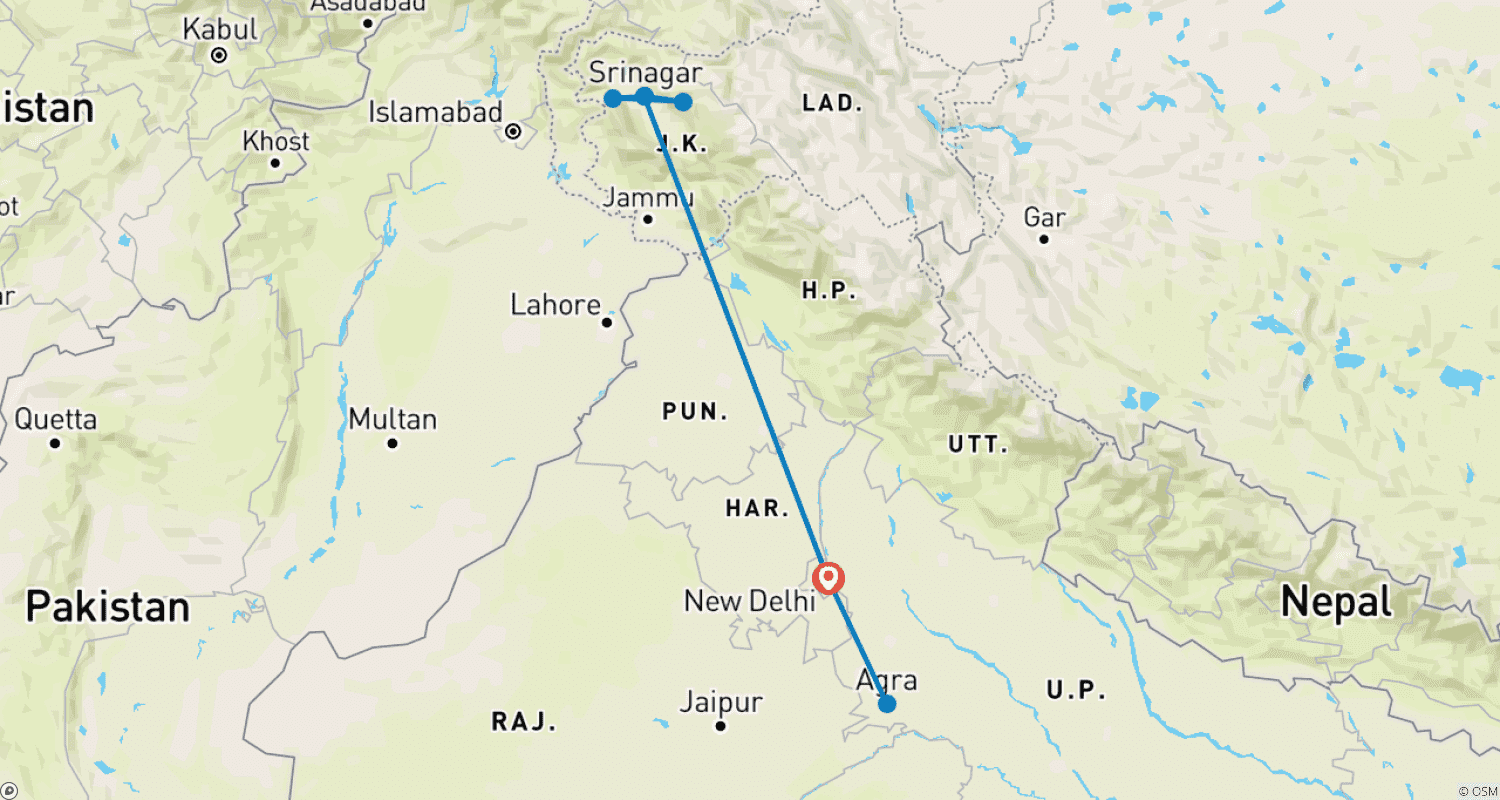 Mapa do percurso de Caxemira e Taj Mahal