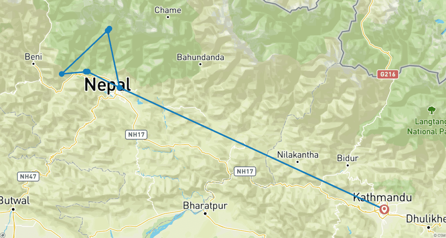 Mapa do percurso de Trekking Mardi Himal - 12 Dias