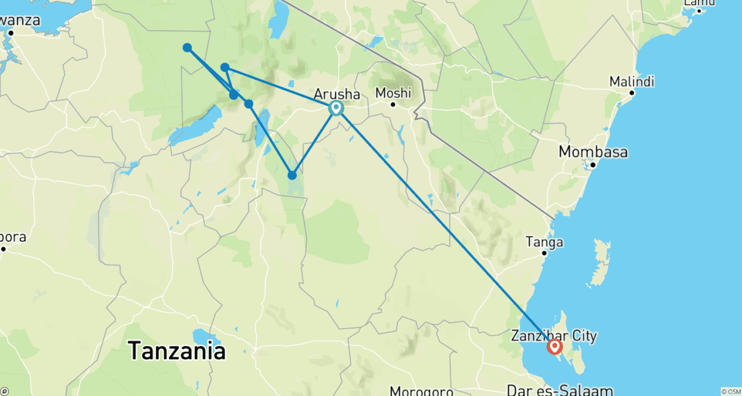 Mapa trasy: 11 dni przygody w Tanzanii i prywatne safari na Zanzibarze
