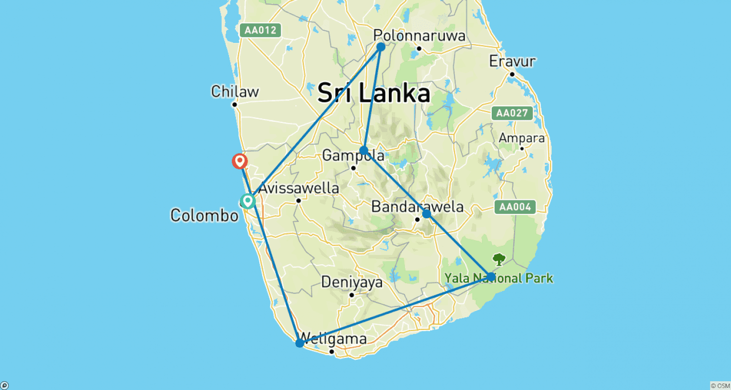 Mapa do percurso de Sri Lanka em Resorts de Luxo Eco-Friendly