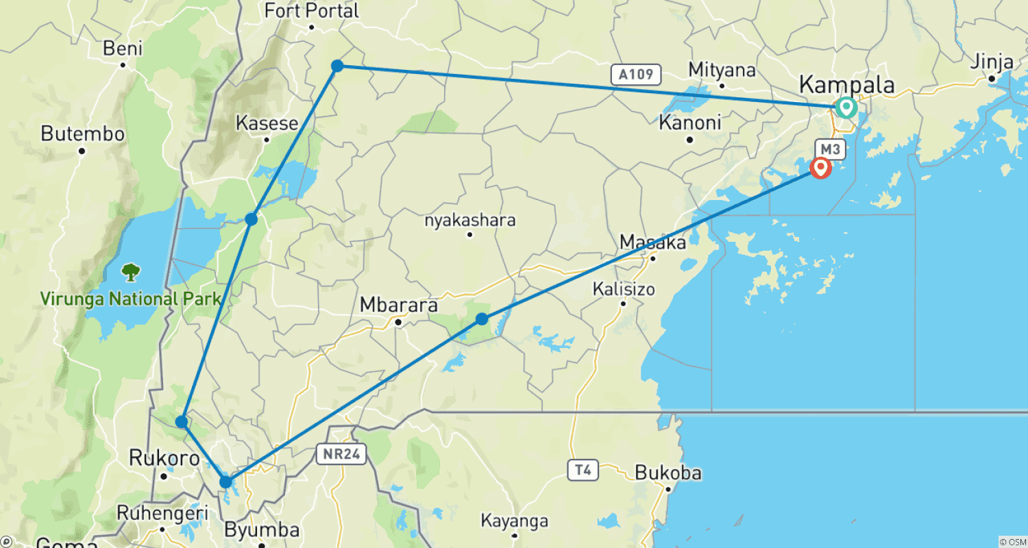 Mapa do percurso de 11-Day Discover Western Uganda Safari