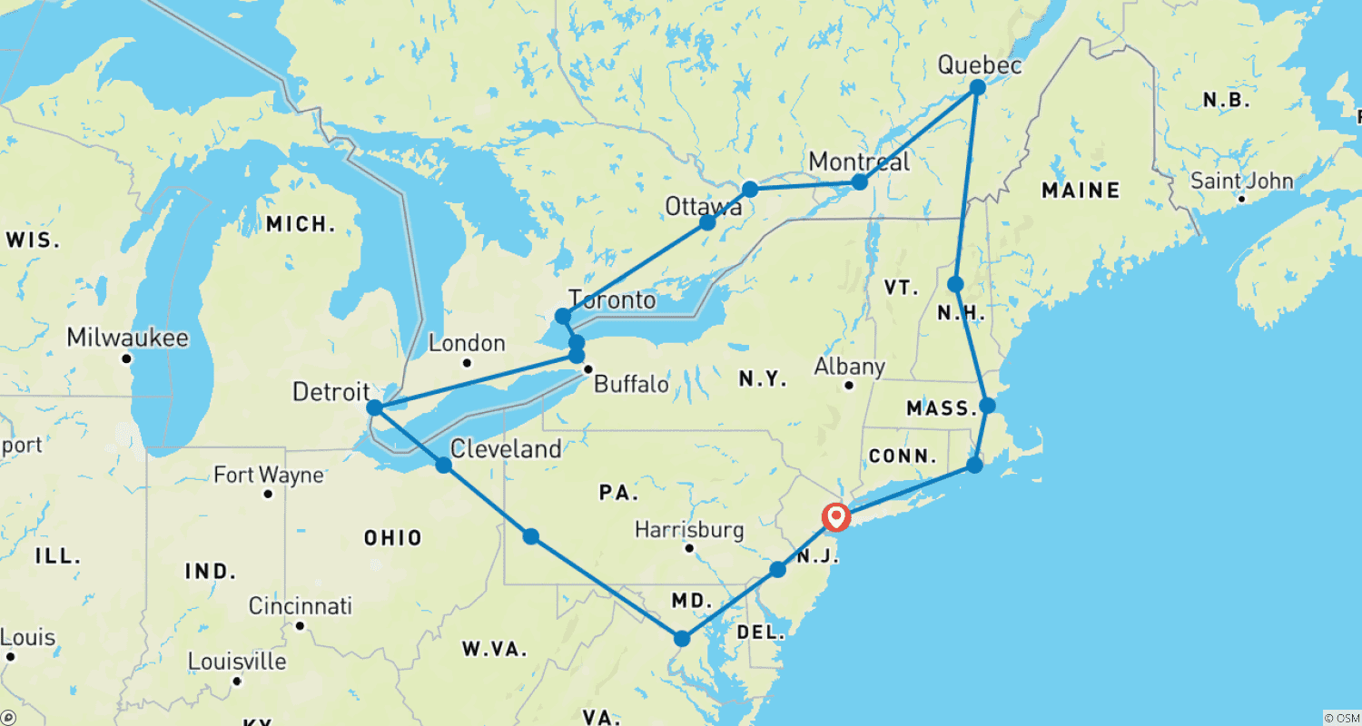 خريطة مسار Eastern USA & Canada Escape (17 destinations)
