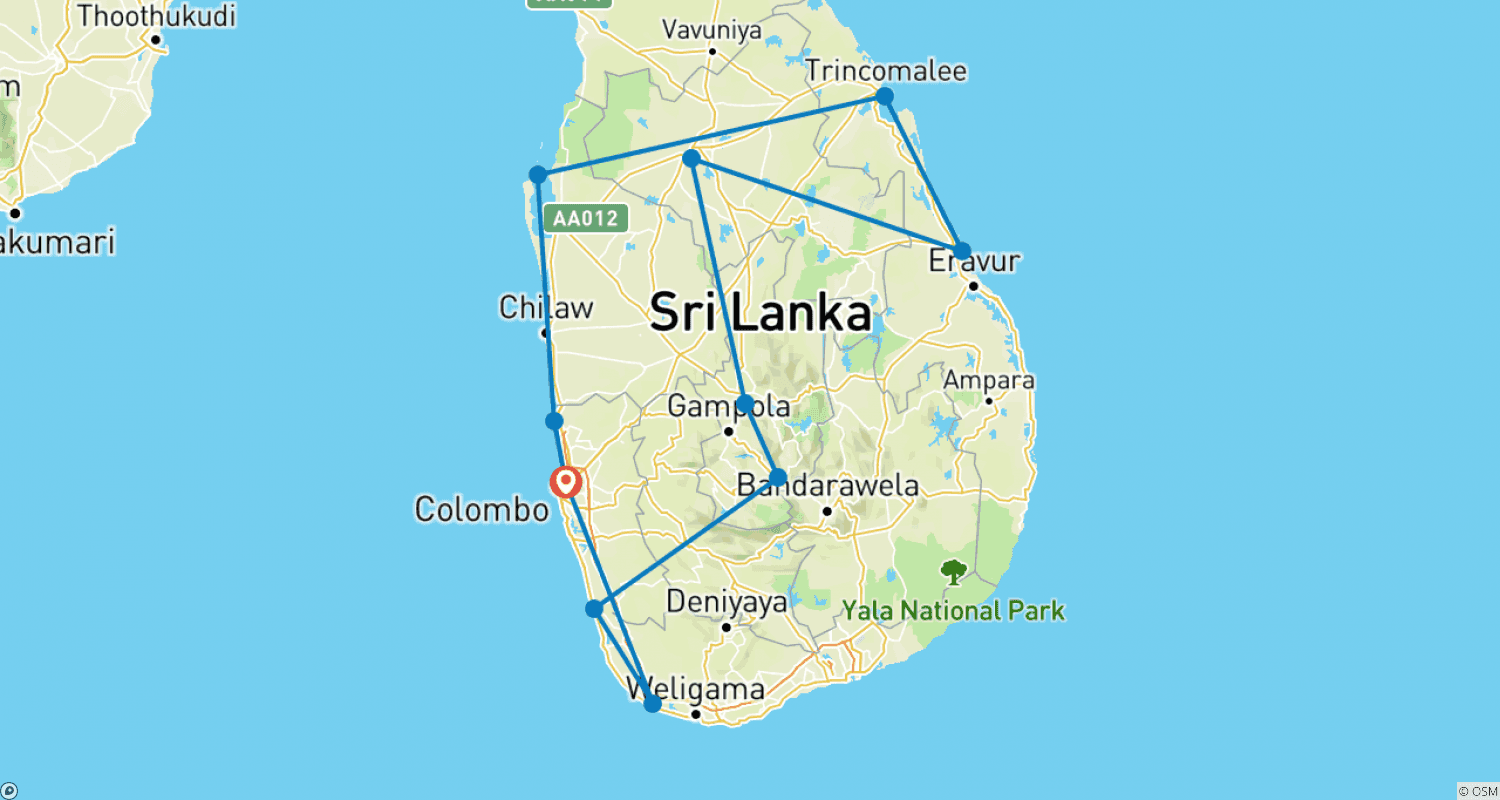 Mapa trasy: Sri Lanka Słońce i Piasek - 12 Dni
