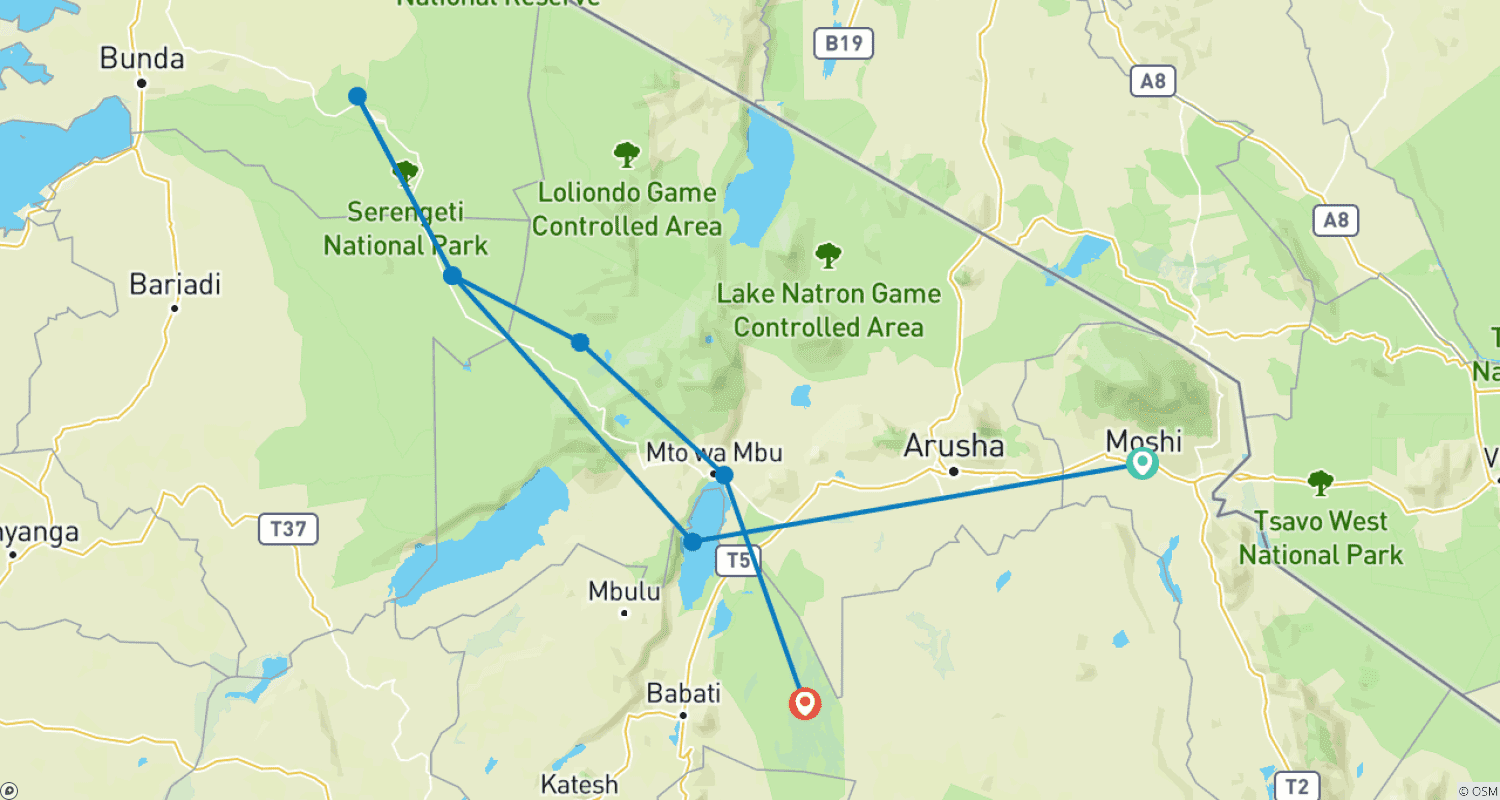 Mapa trasy: 7-dniowe PRYWATNE Najlepsze Safari w Tanzanii ** Wyjazdy Codziennie ** Zrównoważone podejście do podróży, Certyfikat Travelife