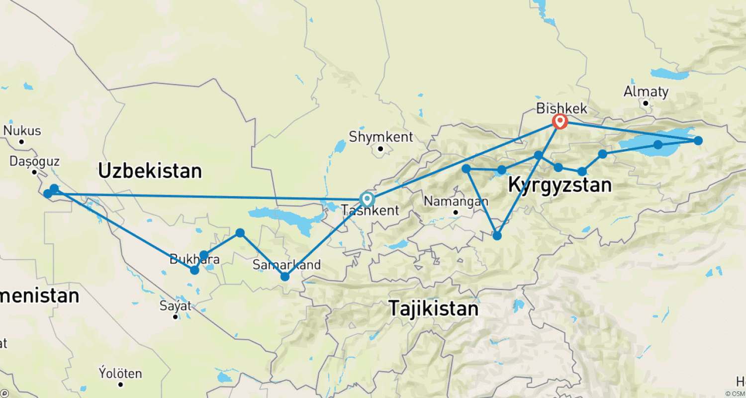 Mapa do percurso de Uzbequistão e Quirguistão - Dois mundos diferentes