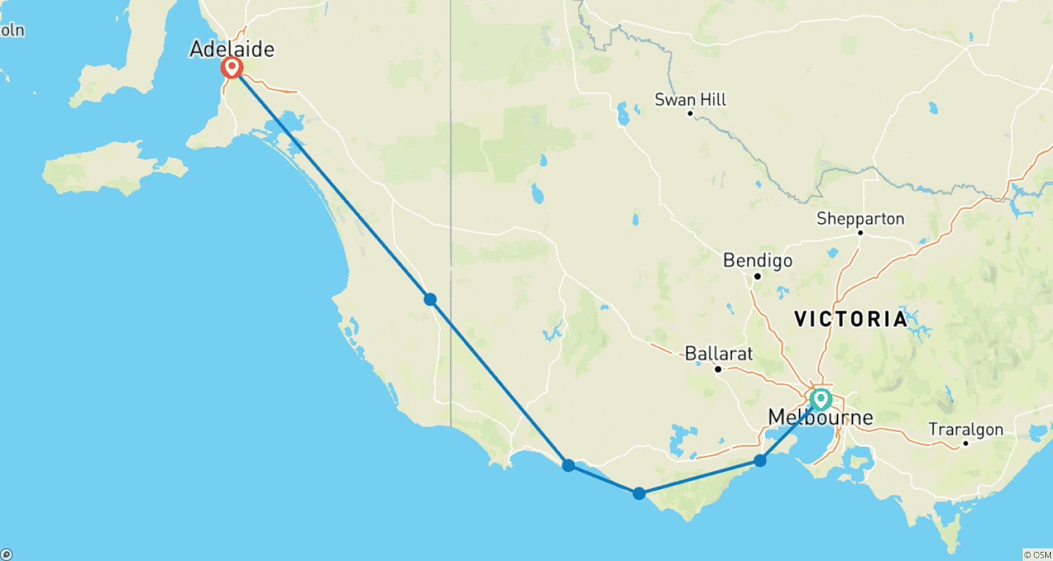 Mapa do percurso de Excursão de 4 dias e 3 noites pela Great Ocean Road: Melbourne - Adelaide