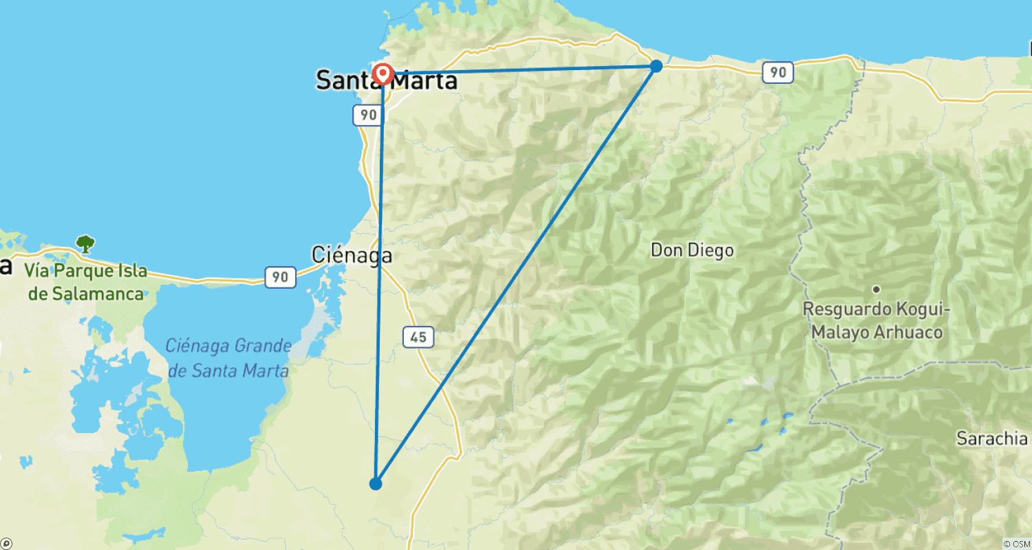 Mapa trasy: 5-dniowy trekking do Ciudad Perdida z Santa Marta