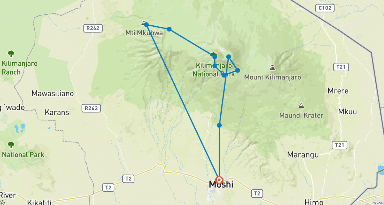 Mapa do percurso de Tour de Trekking no Kilimanjaro de 8 Dias e 7 Noites Pela Rota Lemosho