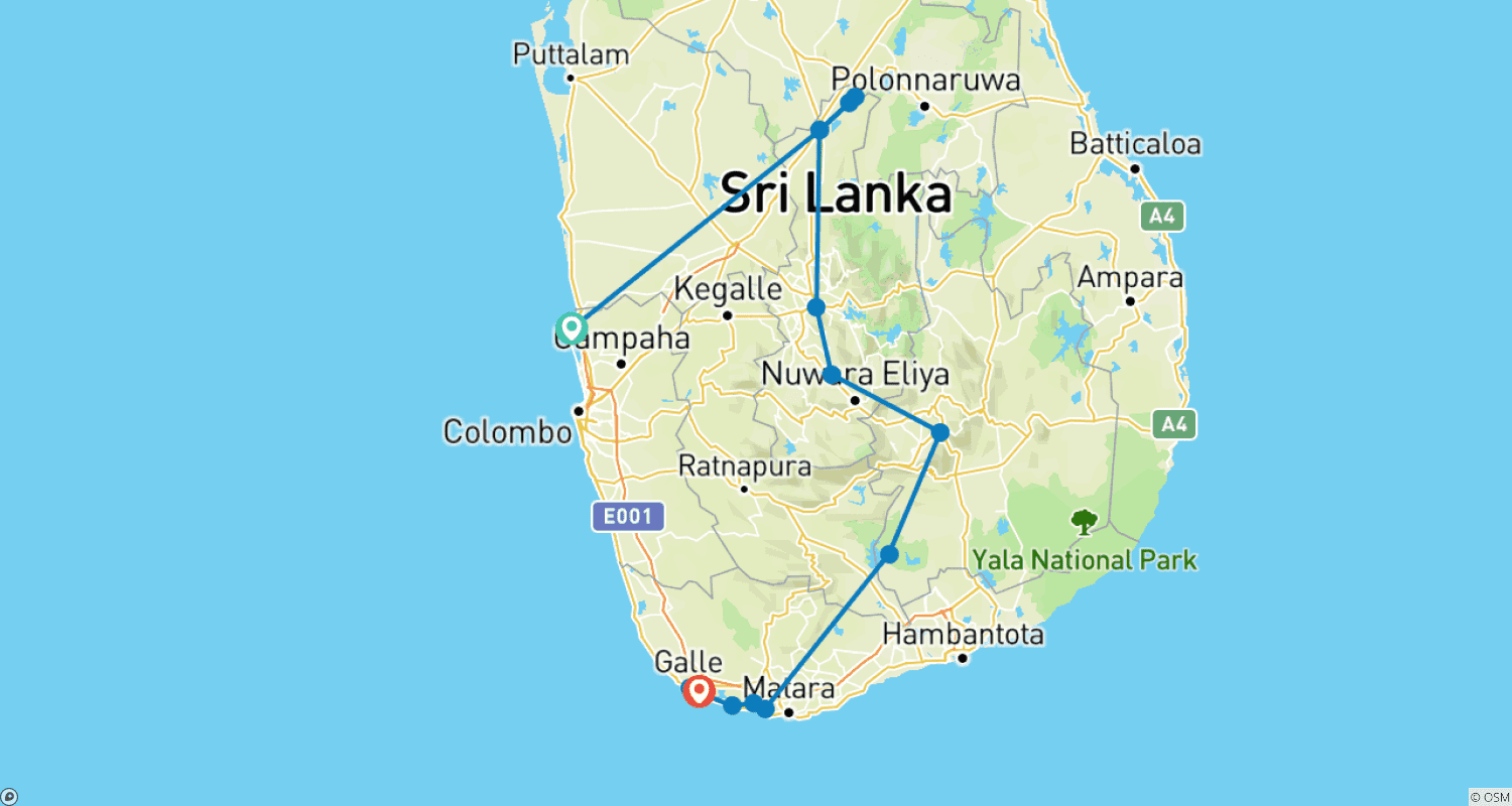 Mapa do percurso de O Melhor do Sri Lanka - Feel Free Travel