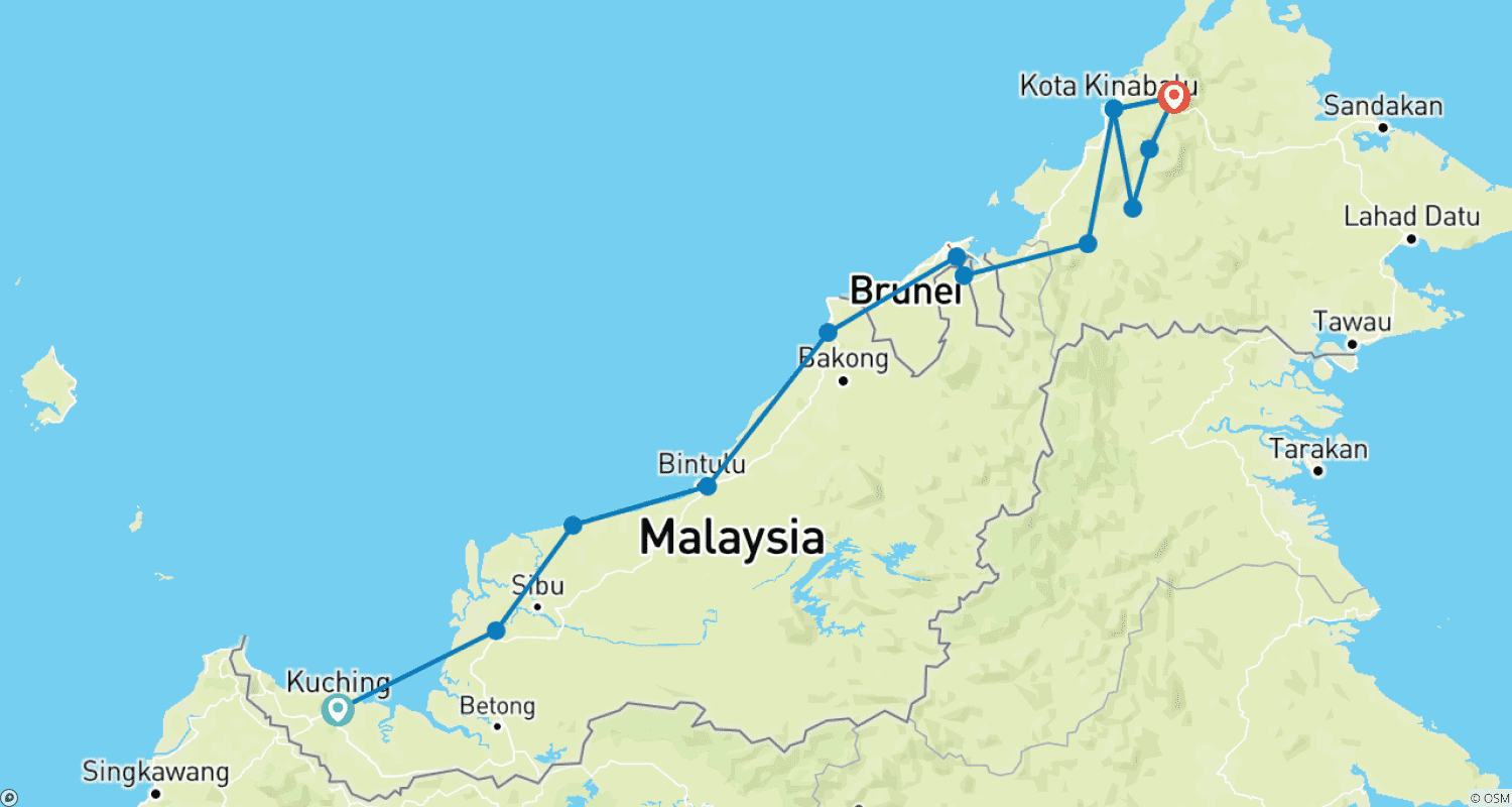 Mapa do percurso de 14 Dias de Bicicleta de Estrada Trans-Bornéu