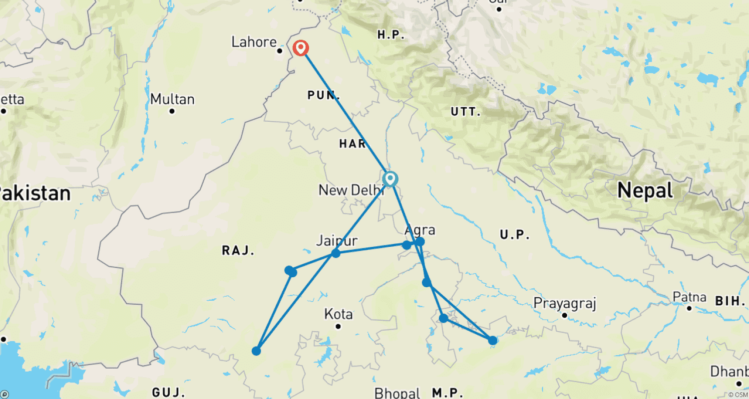Mapa do percurso de Tour de 14 Dias e 13 Noites: Triângulo Dourado com Rajastão, Khajuraho, Orchha e Amritsar