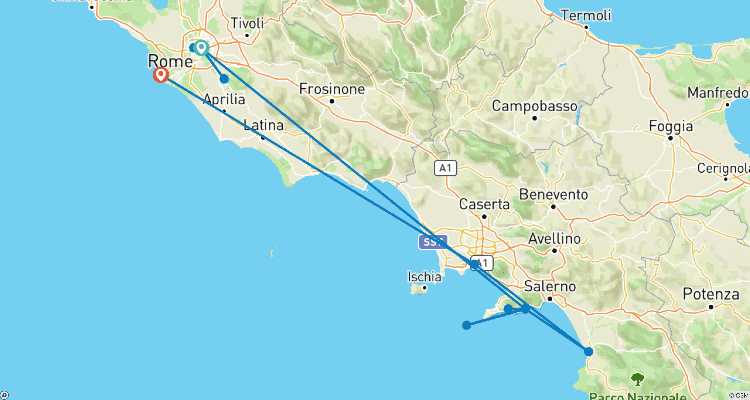 Mapa do percurso de Costa Amalfitana e a Cidade Eterna - Roma
