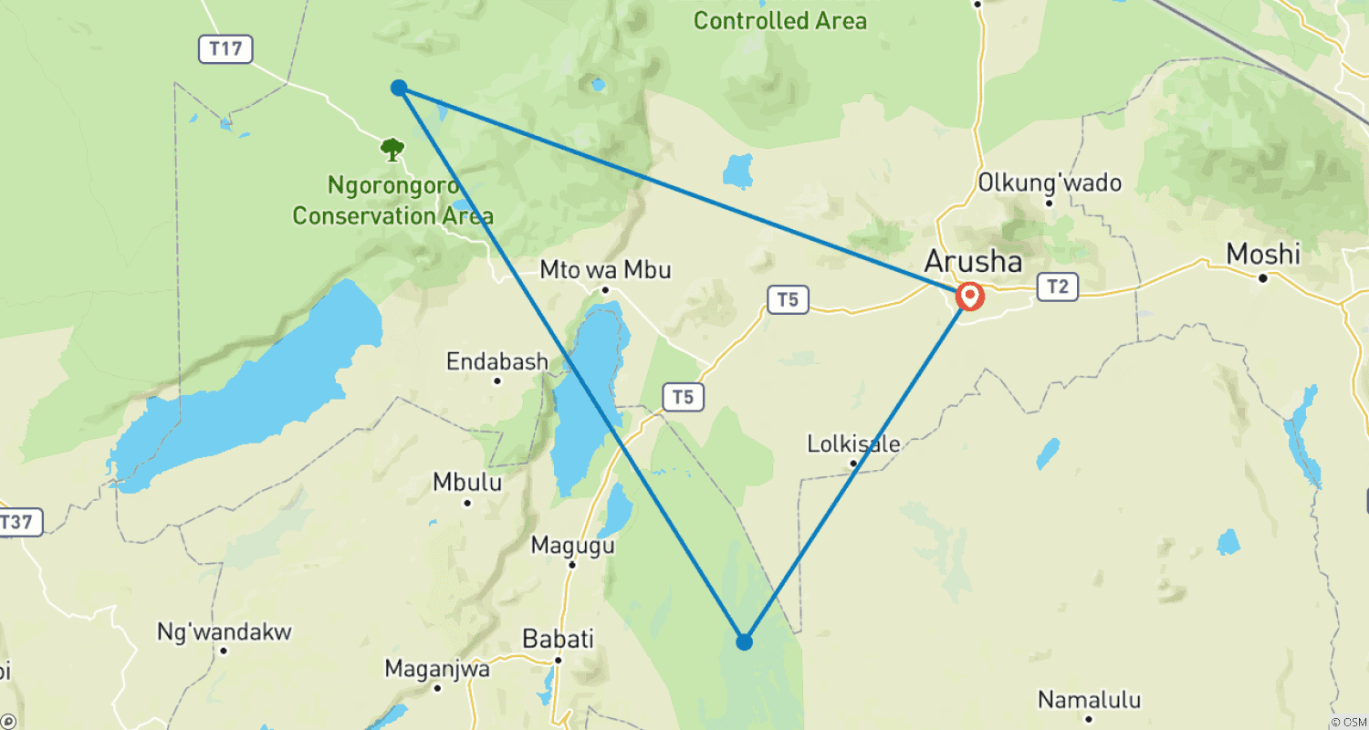 Mapa do percurso de Safári em Grupo de Categoria Média de 2 Dias e 1 Noite em Tarangire e Ngorongoro, Tanzânia