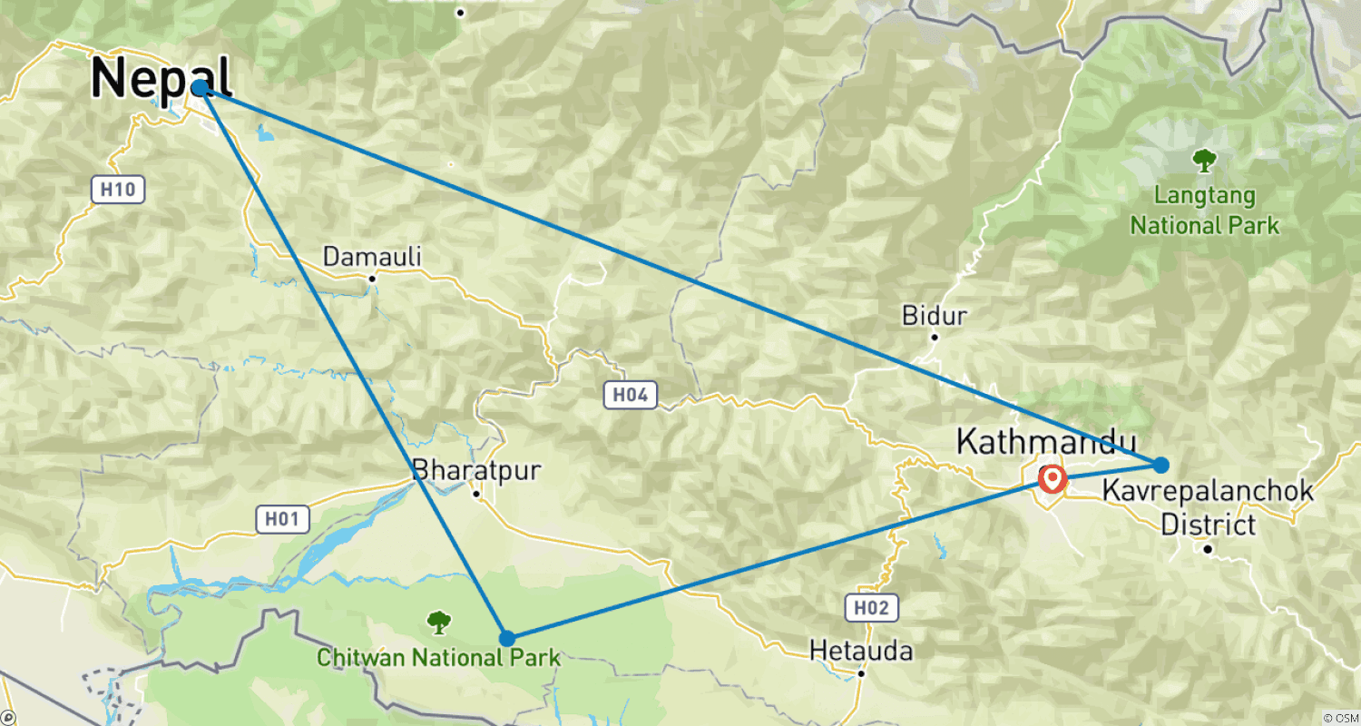 Mapa do percurso de Tour de Luxo com Vistas do Nepal - 9 Dias