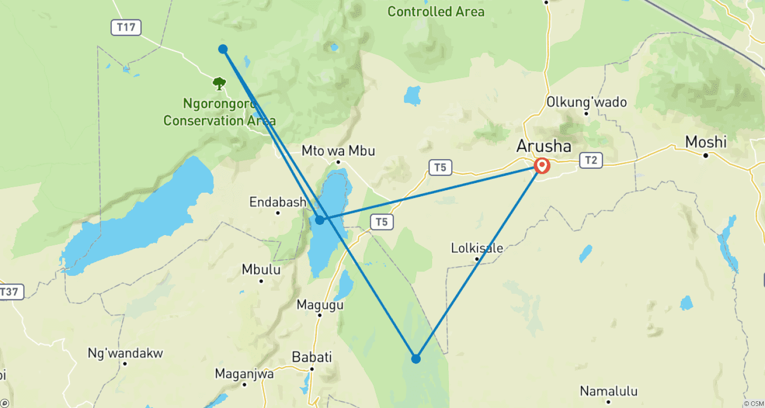 Mapa do percurso de Safari de Acampamento em Grupo de 3 Dias na Tanzânia