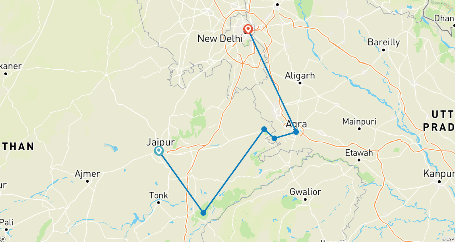 Mapa trasy: 3 Noce / 4 Dni Wycieczka po dzikiej przyrodzie i Tadź Mahal – Odbiór w Dżajpurze i dowóz do Delhi