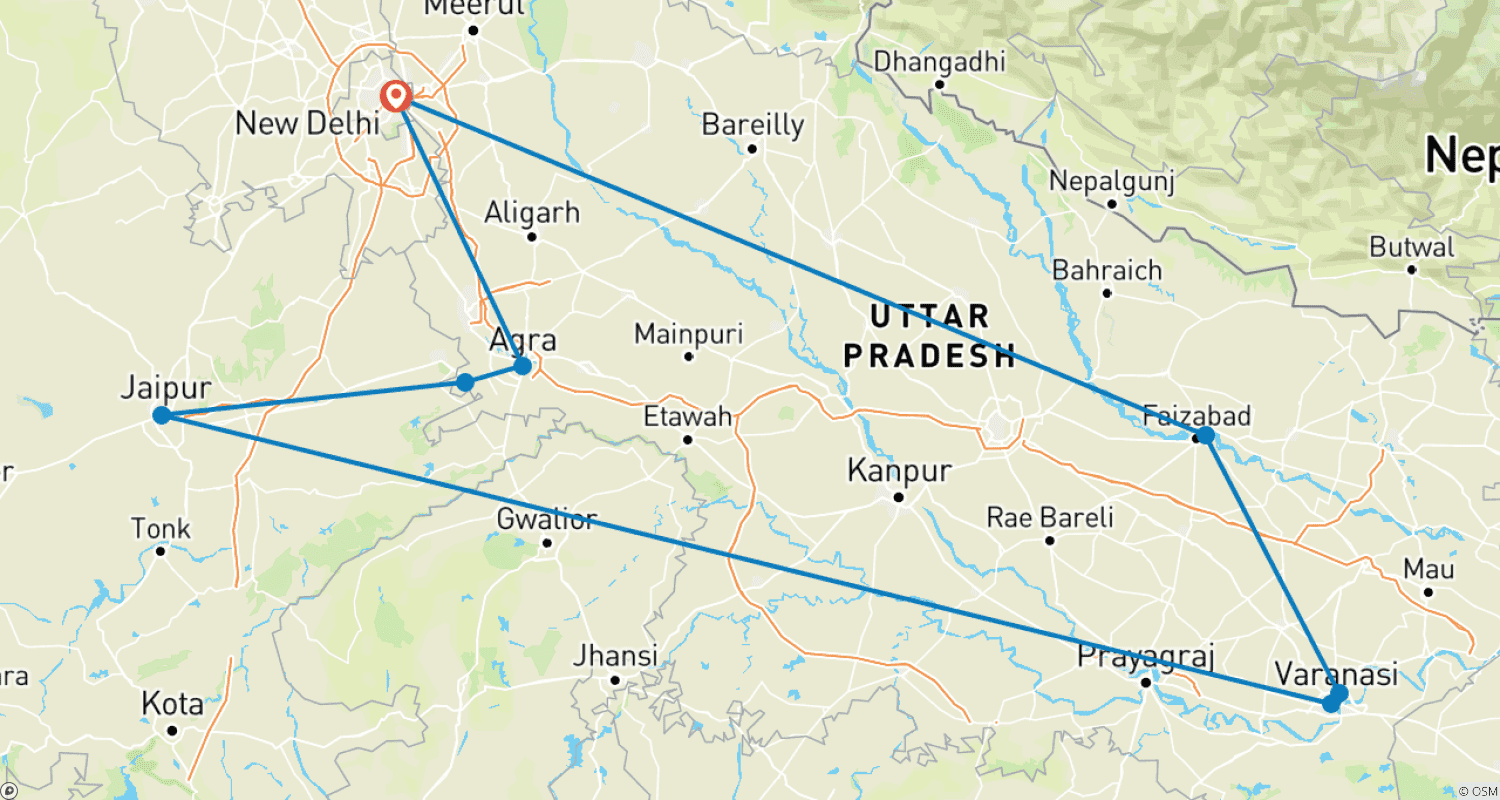 Mapa do percurso de Golden Triangle Tour with Ayodhya and Varanasi