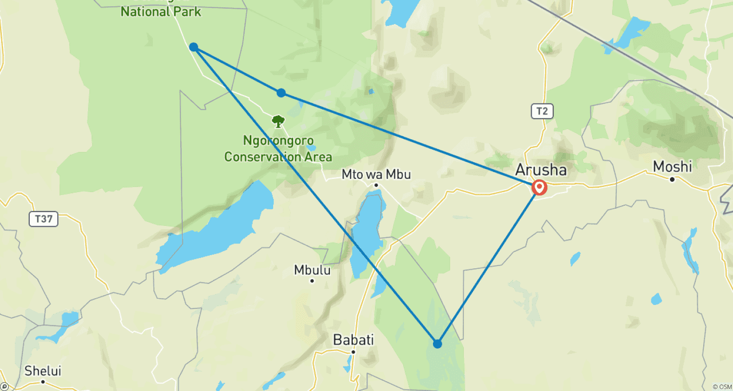 Mapa do percurso de Safári de Luxo Premium de 4 Dias na Tanzânia