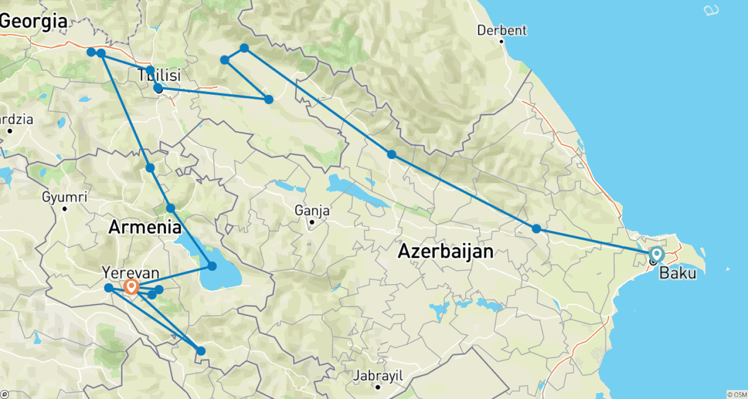 Mapa do percurso de Tour Privado pelo Cáucaso do Sul (Azerbaijão - Geórgia - Armênia) - 14 dias