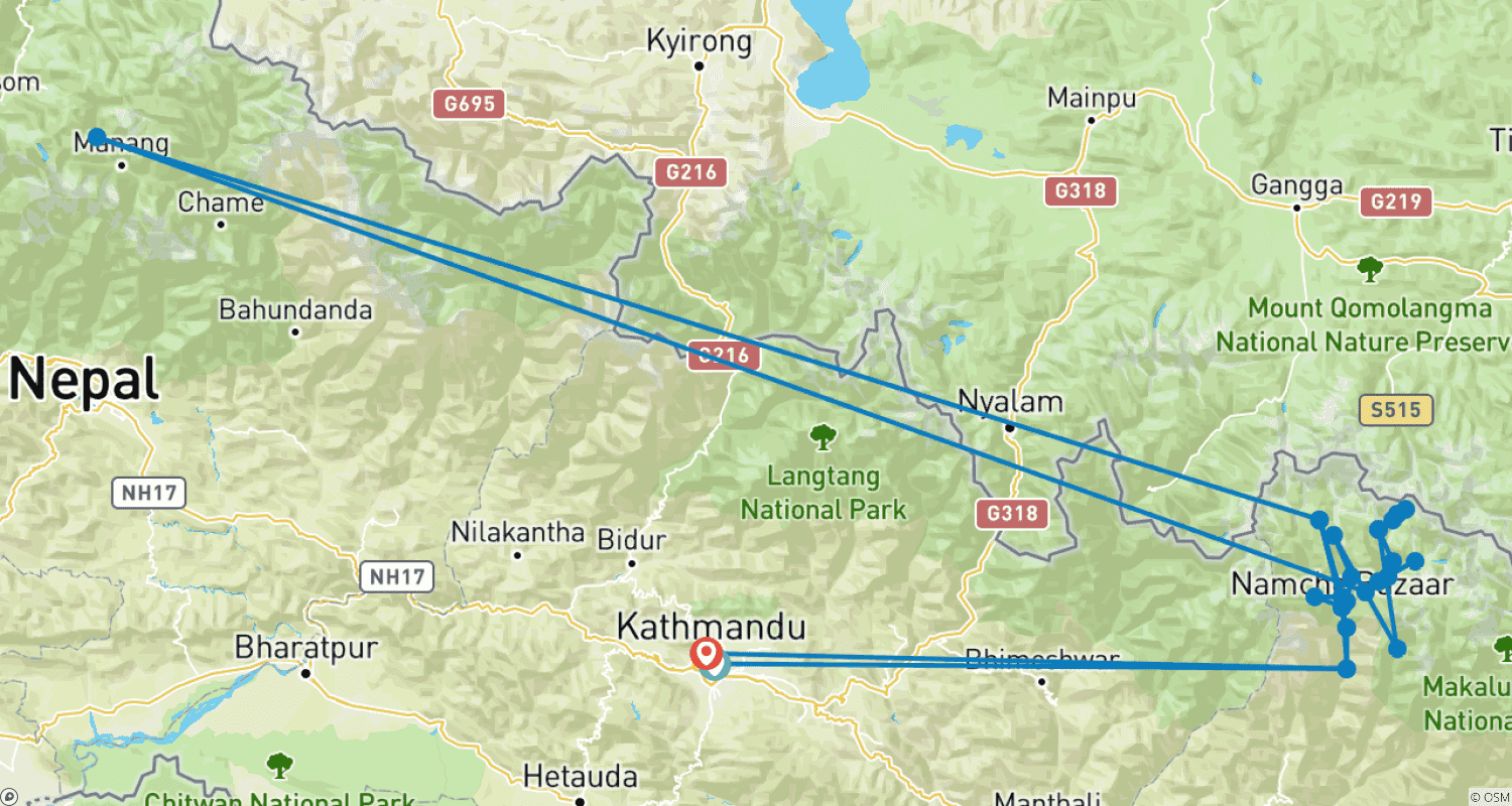 Mapa do percurso de Trekking ao Acampamento Base do Everest com a Passagem Cho La