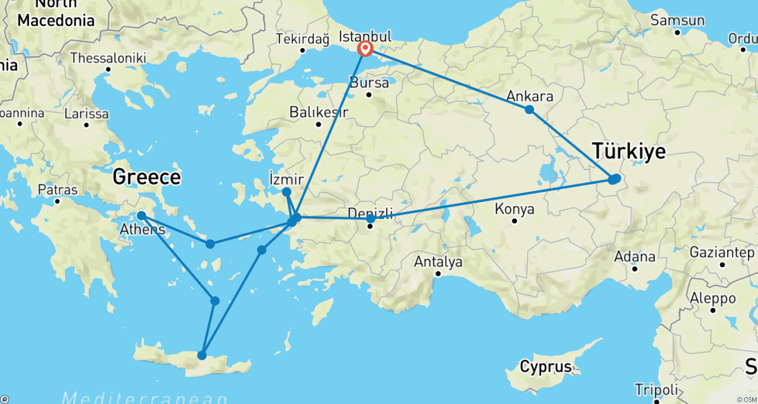خريطة مسار أفضل ما في تركيا واليونان مع رحلة بحرية لـ 3 ليالٍ (مجموعة صغيرة)
