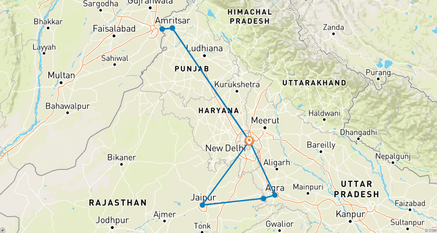 Mapa do percurso de Excursão Privada de 8 Dias ao Triângulo Dourado com Amritsar
