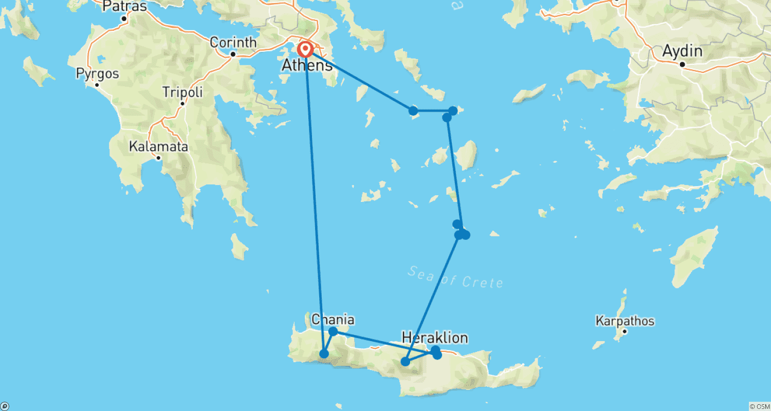 Mapa trasy: Najlepsze z Grecji (15 dni) Ateny i 4 wyspy w 15 dni (samodzielnie)