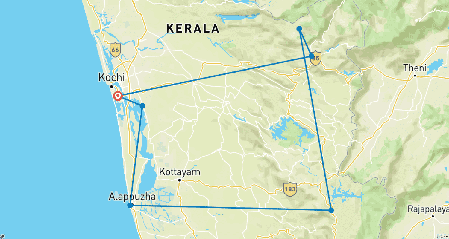 Mapa do percurso de Kerala, a Beleza da Índia