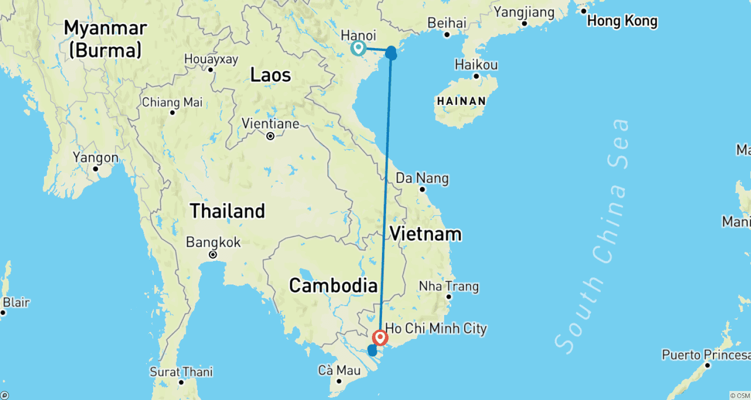 Mapa do percurso de Viagem em Família Privada de 7 Dias Personalizada no Vietnã, Totalmente Guiada e Tudo Incluído