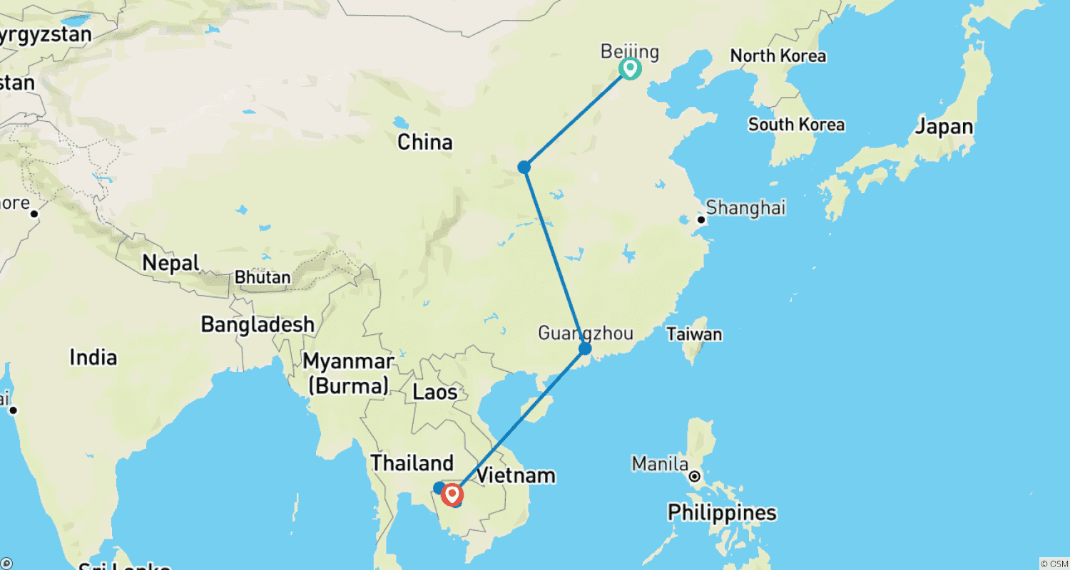 オーダーメイド11日間 中国&カンボジア最高の旅、毎日出発&プライベートガイドのルートマップ