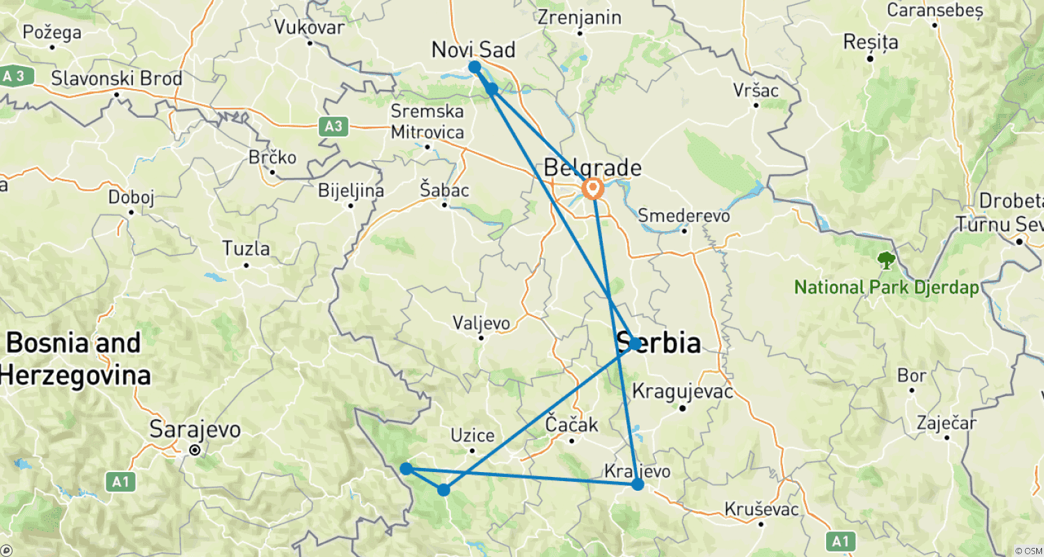 Mapa do percurso de Tour Privado de 7 Dias pela Sérvia