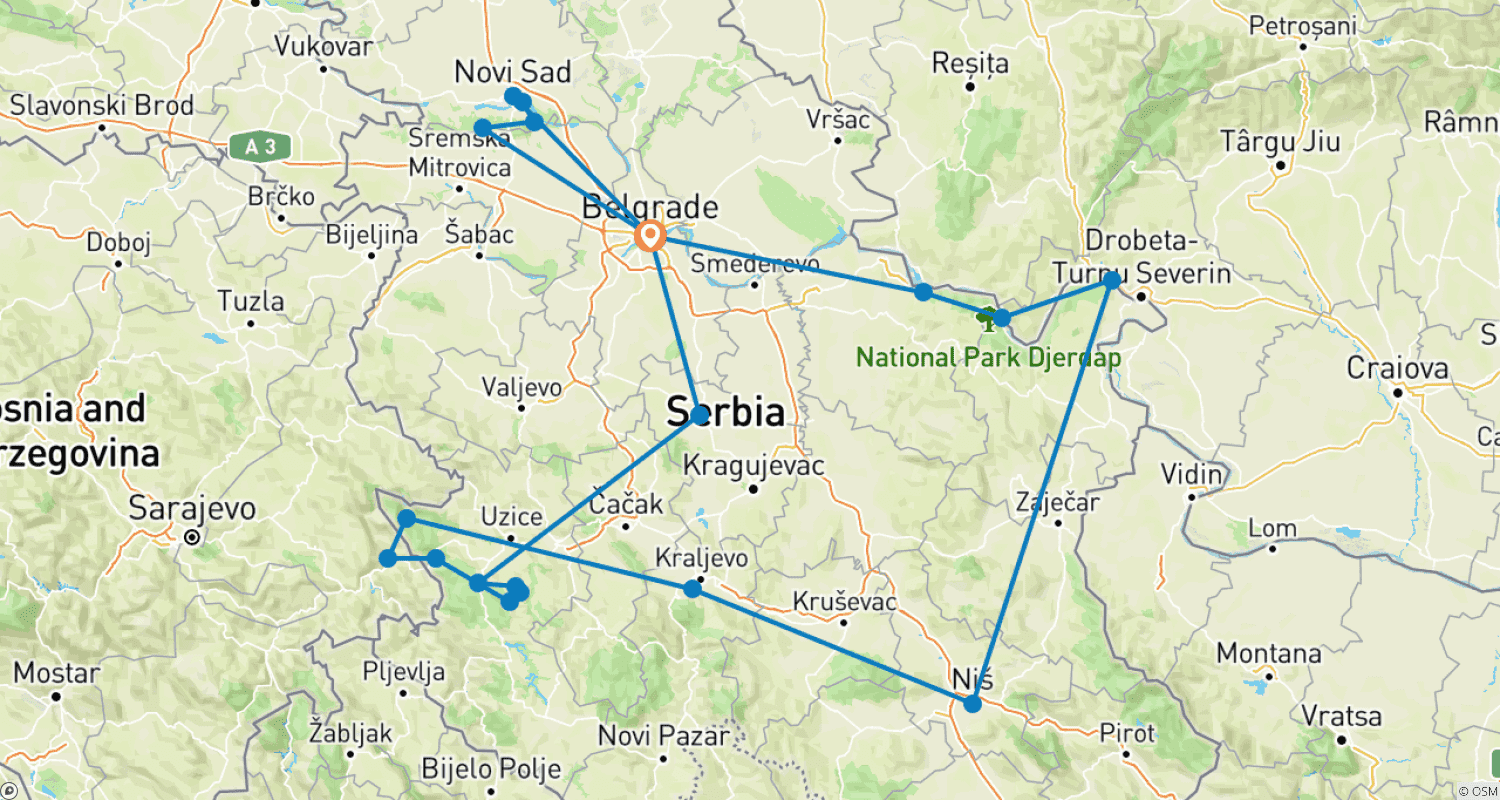 Mapa do percurso de Tour Privado de 10 Dias pela Sérvia