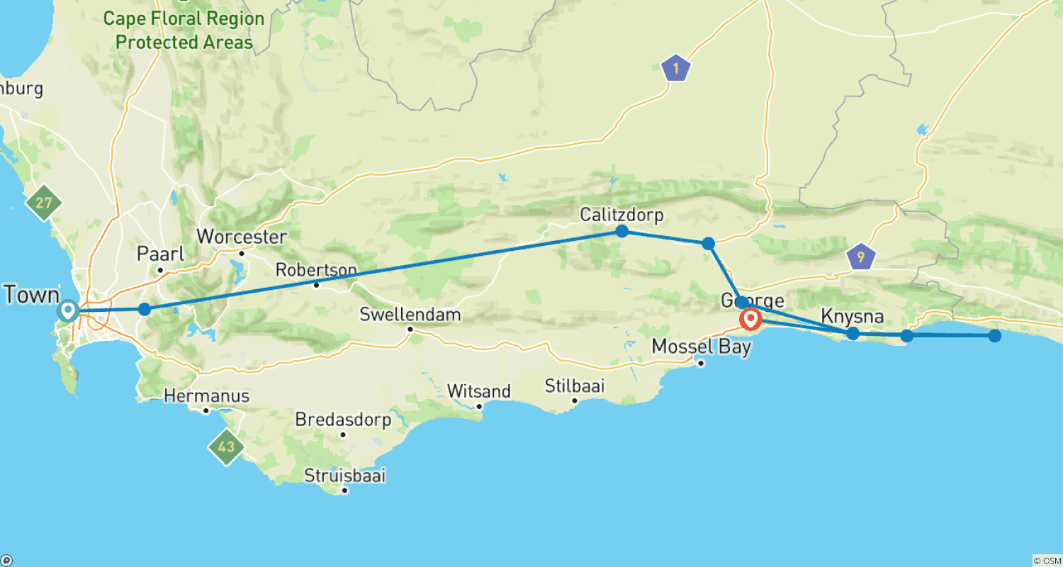 خريطة مسار جولة Winelands & Garden Route لعشّاق النبيذ - جولة بسائق خاص 5 أيام