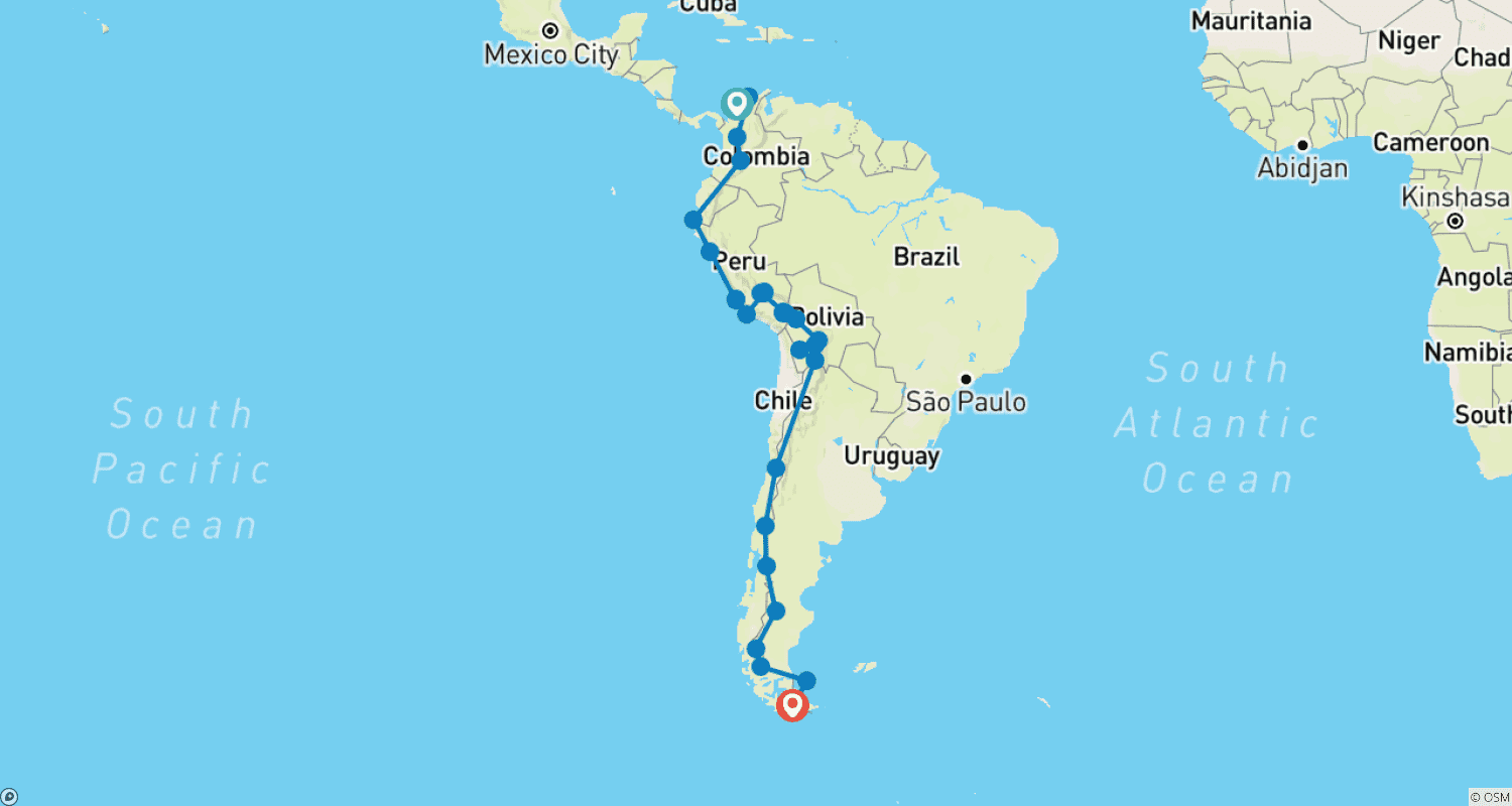Mapa do percurso de Cartagena a Ushuaia (100 Dias) De Ponta a Ponta