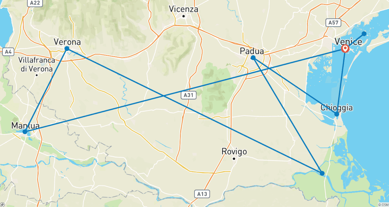 Mapa do percurso de Dos Canais de Veneza à Mântua Impregnada de Renascimento