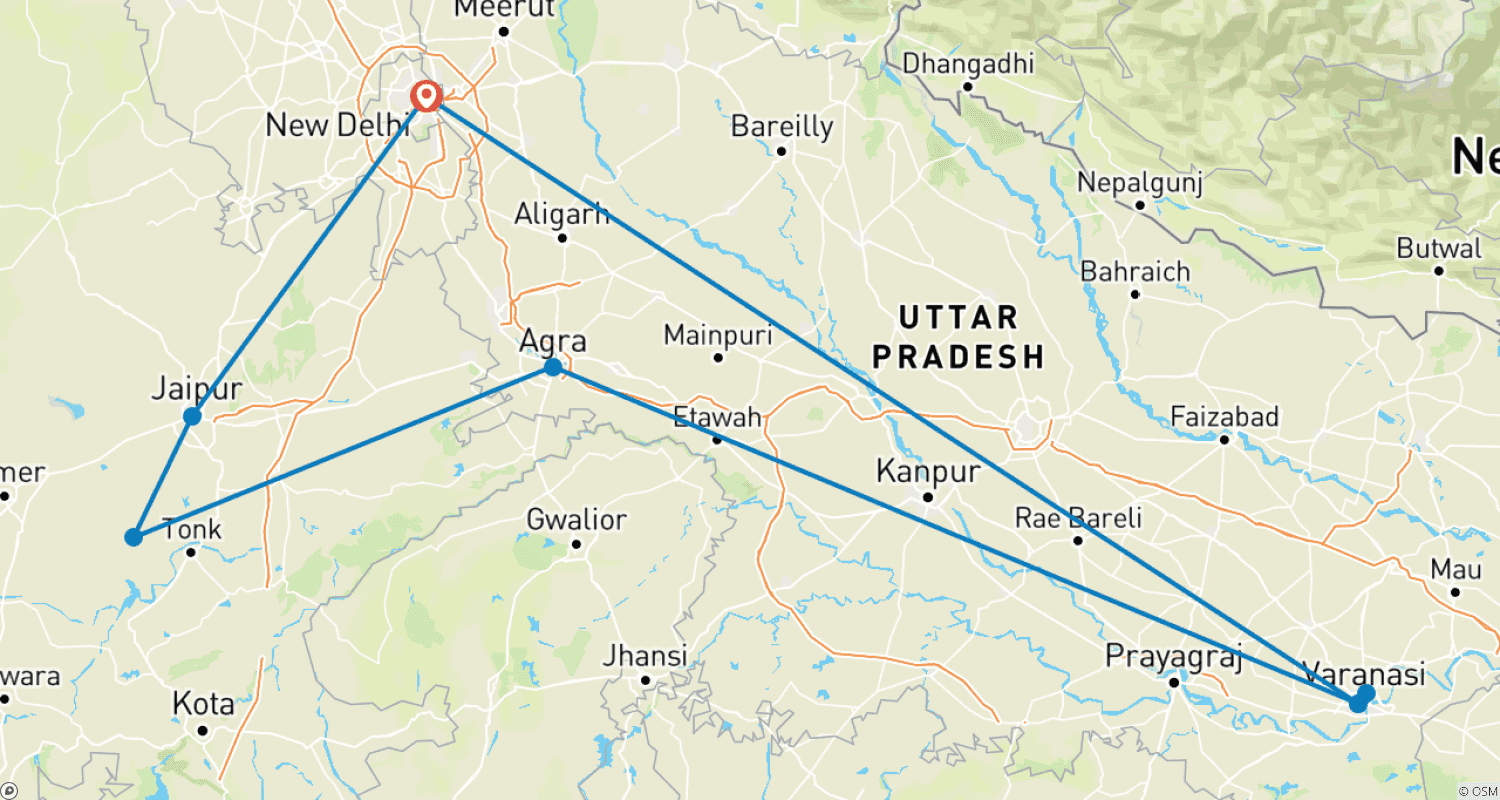 Mapa do percurso de 11 Dias Triângulo Dourado com Varanasi e Estadia em Aldeia