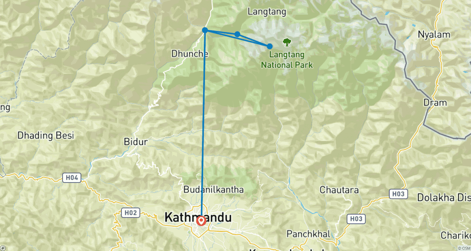 Mapa do percurso de Langtang Valley 8 Trek days