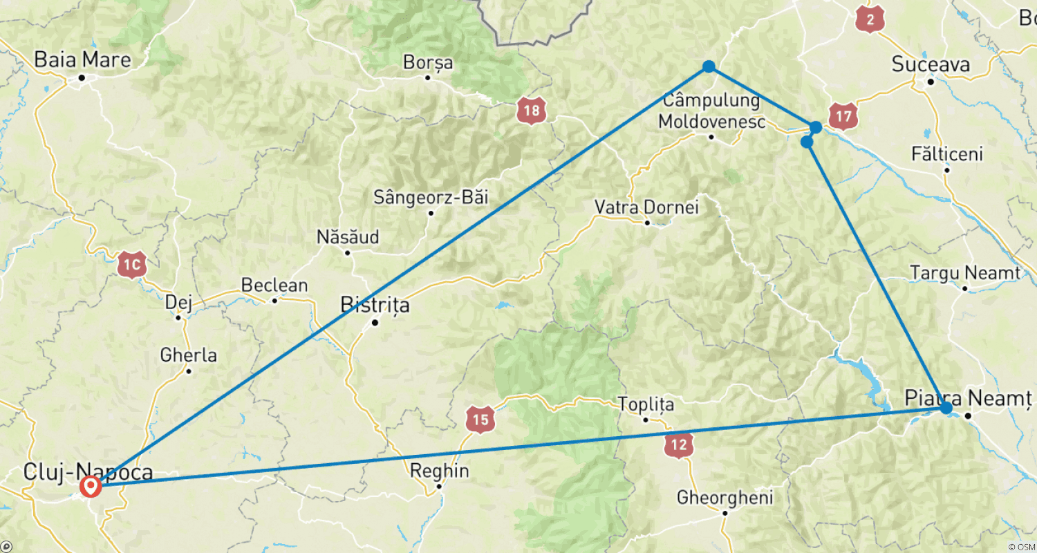 Mapa do percurso de Excursão privada de dois dias à Bucovina e aos Mosteiros Pintados da UNESCO a partir de Cluj-Napoca