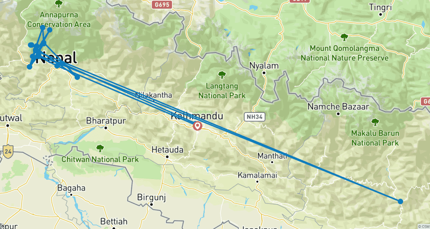 Mapa do percurso de Caminhada Curta ao Acampamento Base de Annapurna