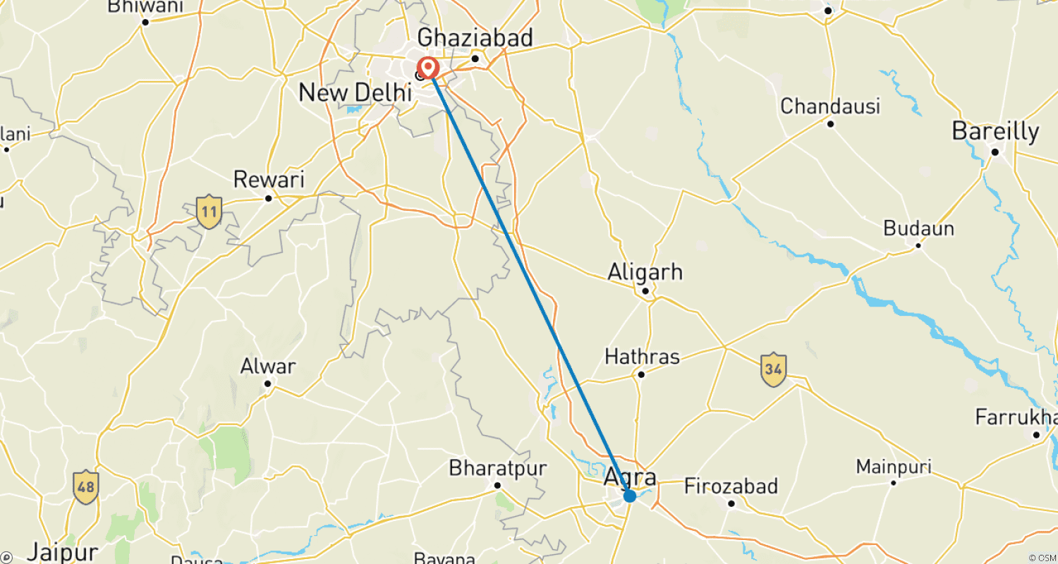 Mapa do percurso de Excursão Luxuosa de 2 Dias com Pernoite em Agra saindo de Nova Delhi (TUDO INCLUÍDO)
